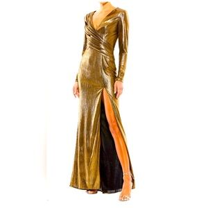 Mac Duggal Metallic Gold Long Sleeve Gown